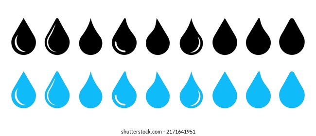 Set of Water drop vector icons. Black and blue water droplet. Signs liquid or rain. Symbol raindrop.