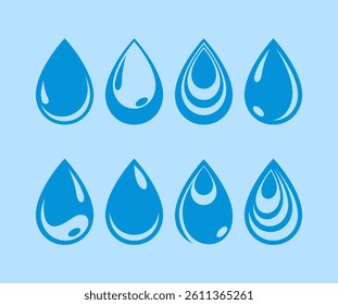 Set of water drop vector icons. Set of blue drops, raindrops, splash, sea waves, pouring water, spray icons and design elements. Set of Blue raindrop Logo Template vector illustration design.