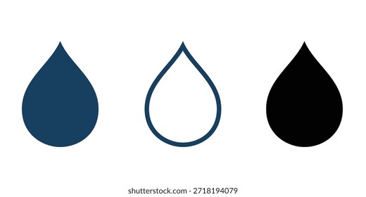 Set of Water Drop Vector Icons, Minimalist Black and Dark Blue Liquid Droplet Silhouettes and Outline Isolated on White Background for Rain, Nature, and Cleanliness Concepts.