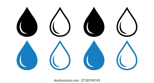 Set of Water Drop Vector Icons, Minimalist Black and Blue Liquid Droplet Silhouettes and Outlines Isolated on White Background for Rain, Nature, and Cleanliness Concepts.