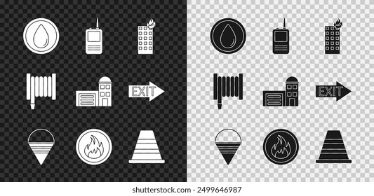 Set Water drop, Walkie talkie, Fire in burning building, cone bucket, flame, Traffic, hose reel and Building of fire station icon. Vector