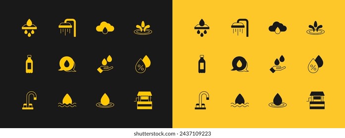 Wassertropfen einstellen, Hände mit Seife waschen, Sprechblasen, Wolkenregen, Filterpatrone und Duschsymbol. Vektor