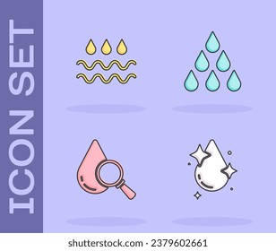 Wassertropfen setzen, mit Wasser wühlen, Tropfen und Lupe Glas und Symbol. Vektorgrafik