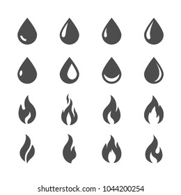 Set of water droplet and fire flames icons on white background