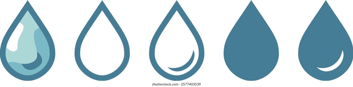 Set of water droplet icons in various styles and outlines. Blue teardrop shapes with solid, outlined, and gradient-filled designs on a white background. Design for templates, banners, and infographics