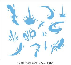 Conjunto de gotas de agua y chorros de diferentes formas. Gota de líquido azul. Icono de frescura y limpieza. Aislamiento del pulverizador abstracto y del líquido mojado en blanco