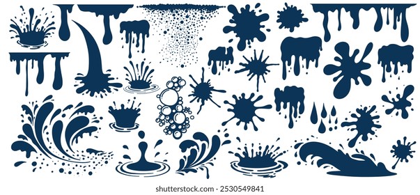 Set of water drops, black silhouettes sea ocean waves stencil. Flowing fluid, water objects. Collection of liquid elements, cry droplet icons vector. Template ink, sauce, river isolated splashes