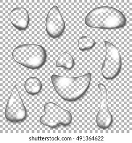 Set of water drops of different shape with flares on transparent background isolated vector illustration 