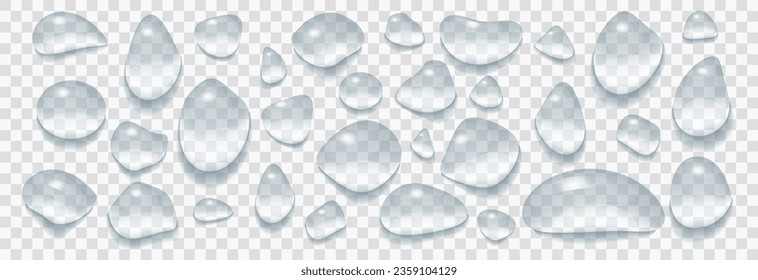 Establecer gotas de agua de diferentes formas. Gotas de lluvia transparentes y realistas, condensación en vidrio, rocío y lágrimas. Ilustración vectorial aislada en fondo transparente. 