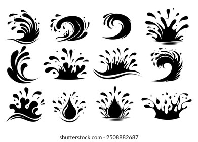 Conjunto de gotas de agua en diseño plano de dibujos animados. Esta Imagen muestra una serie de gráficos de salpicaduras y ondas en blanco y negro, destacando diseños creativos de gotas de agua y ondas. Ilustración vectorial.