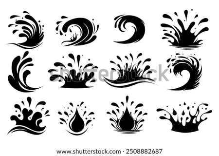 Set of water drops in flat cartoon design. This image showcases a series of splash and wave graphics in black and white, highlighting creative designs of water droplets and waves. Vector illustration.