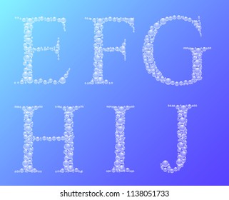 Set of water drops latin alphabet letters E, F, G, H, I, J. Artistic vector font on gradient background.