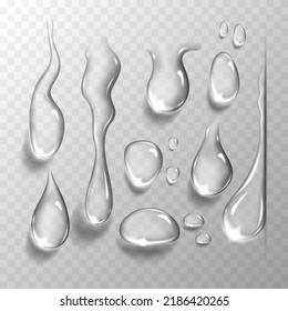 Set of water drops on transparent background. Vector illustration.