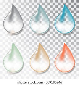 Set of water drops on a transparent background. Rain. Vector illustration. Multicolored drops