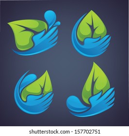 Set of water drops and people hands design elements, emblems, signs and icons on dark background