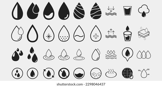 Conjunto de Iconos vectores de gota de agua. Señales de aceite. Colección de gotas de agua.