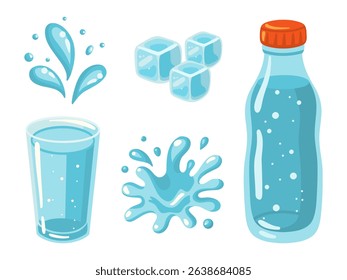 Set of water elements including splash, droplets, ice cubes, glass and bottle. Vector isolated illustration in cartoon style