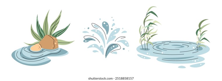 Conjunto de elementos de água sobre fundo branco. Ilustração de lagoa e água em estilo de desenho animado plano. Coleção de natureza. Clipart de vetor para roupas, tecidos, cartões de saudação, adesivos, etc.