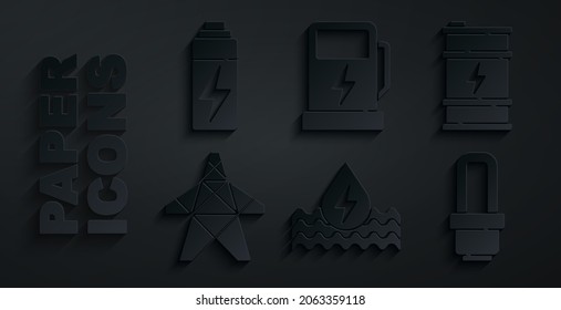Set Water energy, Bio fuel barrel, Electric tower, LED light bulb, car charging station and Battery icon. Vector