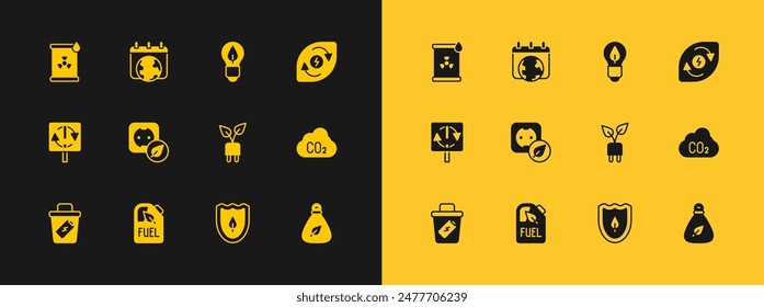 Set Water energy, Bio fuel canister, Electric saving plug in leaf, Shield with, Electrical outlet, Light bulb, Radioactive waste barrel and World Earth day icon. Vector