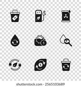 Set Water energy, Drop and magnifying glass, Recycle bin, mill, Radioactive waste barrel, Trash can, Petrol or gas station and clean aqua icon. Vector