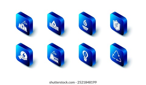 Set Water energy, Earth globe and leaf, Shield with, Recycle symbol, Light bulb, Factory, Lightning bolt and Power station plant factory icon. Vector