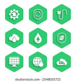 Set Water energy, Earth planet in water drop, CO2 emissions cloud, Shield with leaf, Solar panel, Cloud rain, Electric plug and Gear and arrows as workflow icon. Vector