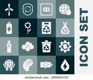 Set Water energy, Gear and arrows as workflow, Garbage bag with recycle, Electrical outlet, Leaf plant in gear machine, Battery, Wind turbine and Paper icon. Vector