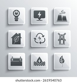 Set Water energy, Leaf or leaves, Wind turbine, Battery with recycle, Car battery, Eco friendly house, Light bulb lightning and Factory icon. Vector