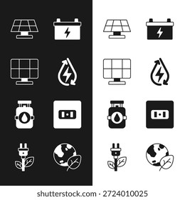 Set Water energy, Solar panel, Car battery, Propane gas tank, Electrical outlet, Earth globe and leaf and saving plug in icon. Vector