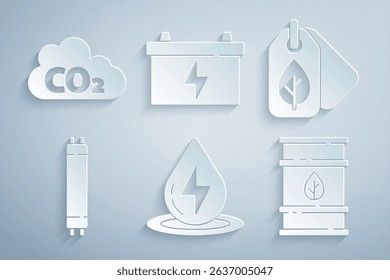 Set Water energy, Tag with leaf, Fluorescent lamp, Bio fuel barrel, Car battery and CO2 emissions in cloud icon. Vector