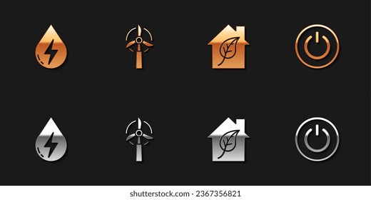 Set Water energy, Wind turbine, Eco friendly house and Power button icon. Vector