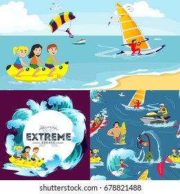 Set of water extreme sports backgrounds, isolated design elements for summer vacation activity fun concept, cartoon wave surfing, sea beach vector illustration, active lifestyle adventure