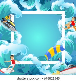 Set of water extreme sports backgrounds, isolated design elements for summer vacation activity fun concept, cartoon wave surfing, sea beach vector illustration, active lifestyle adventure