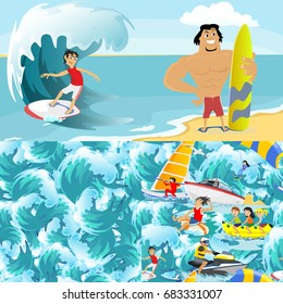 Set of water extreme sports backgrounds, isolated design elements for summer vacation activity fun concept, cartoon wave surfing, sea beach vector illustration, active lifestyle adventure
