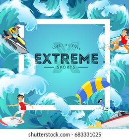 Set of water extreme sports backgrounds, isolated design elements for summer vacation activity fun concept, cartoon wave surfing, sea beach vector illustration, active lifestyle adventure