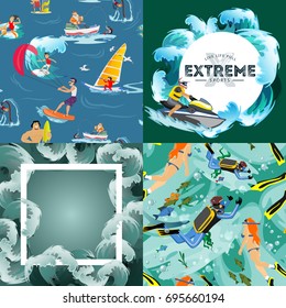 Set of water extreme sports backgrounds, isolated design elements for summer vacation activity fun concept, cartoon wave surfing, sea beach vector illustration, active lifestyle adventure