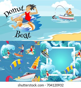 Set of water extreme sports backgrounds, isolated design elements for summer vacation activity fun concept, cartoon wave surfing, sea beach vector illustration, active lifestyle adventure