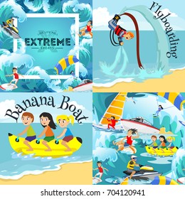 Set of water extreme sports backgrounds, isolated design elements for summer vacation activity fun concept, cartoon wave surfing, sea beach vector illustration, active lifestyle adventure