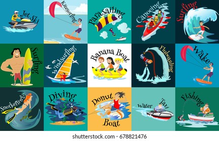 Set of water extreme sports icons, isolated design elements for summer vacation activity fun concept, cartoon wave surfing, sea beach vector illustration, active lifestyle adventure