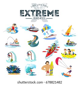 Set of water extreme sports icons, isolated design elements for summer vacation activity fun concept, cartoon wave surfing, sea beach vector illustration, active lifestyle adventure