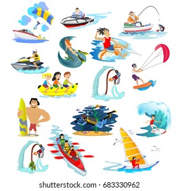 Set of water extreme sports icons, isolated design elements for summer vacation activity fun concept, cartoon wave surfing, sea beach vector illustration, active lifestyle adventure