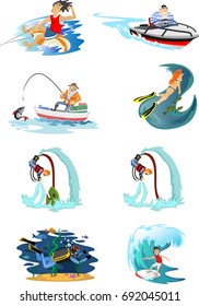 Set of water extreme sports icons, isolated design elements for summer vacation activity fun concept, cartoon wave surfing, sea beach vector illustration, active lifestyle adventure