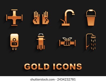 Set Water filter, Bucket, Shower, Industry metallic pipe, Electric boiler, tap,  and Rubber gloves icon. Vector