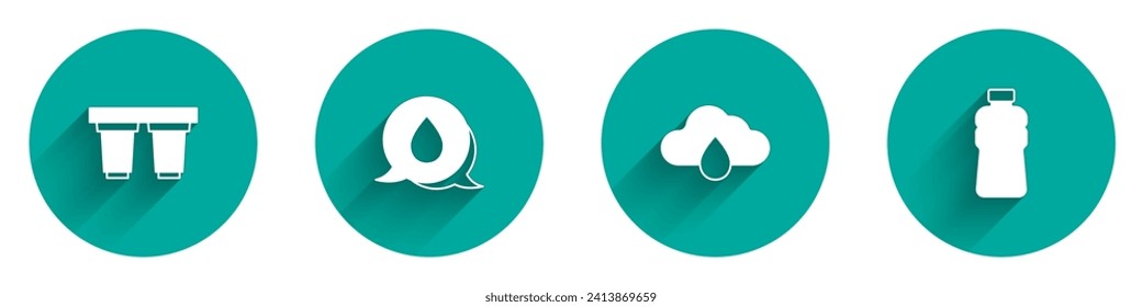 Ajuste el cartucho de filtro de agua, caiga con burbujas de habla, lluvia en la nube y el icono de botella de agua con sombra larga. Vector