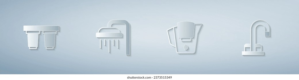 Set Water filter cartridge, Shower, jug with and tap. Paper art style. Vector