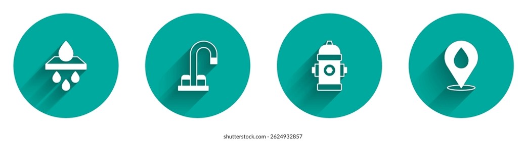 Set Water filter cartridge, tap, Fire hydrant and drop with location icon with long shadow. Vector