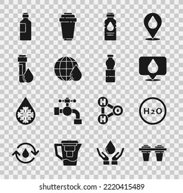 Set Water filter, Chemical formula for H2O, drop with location, Bottle of water, Earth planet in, Test tube,  and  icon. Vector