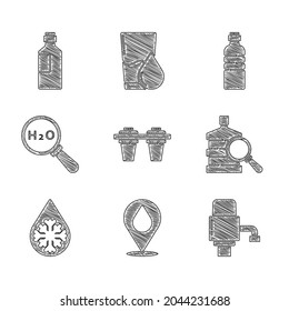 Set Water filter, drop with location, Mechanical pump for water, Big bottle clean, Defrosting, Chemical formula H2O, Bottle of and  icon. Vector