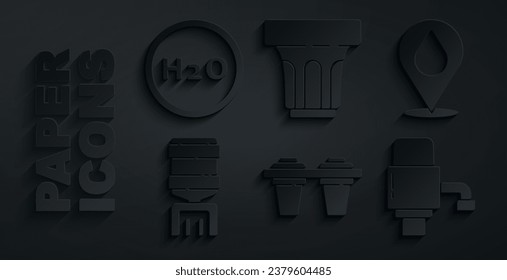 Set Water filter, drop with location, cooler, Mechanical pump for water, Glass and Chemical formula H2O icon. Vector